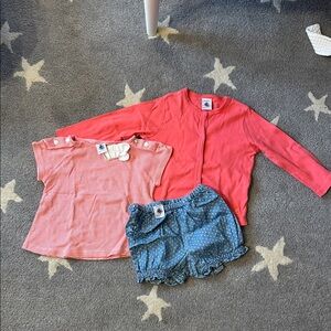 Petit Bateau Pink Baby Cardigan, shirt and shorts set